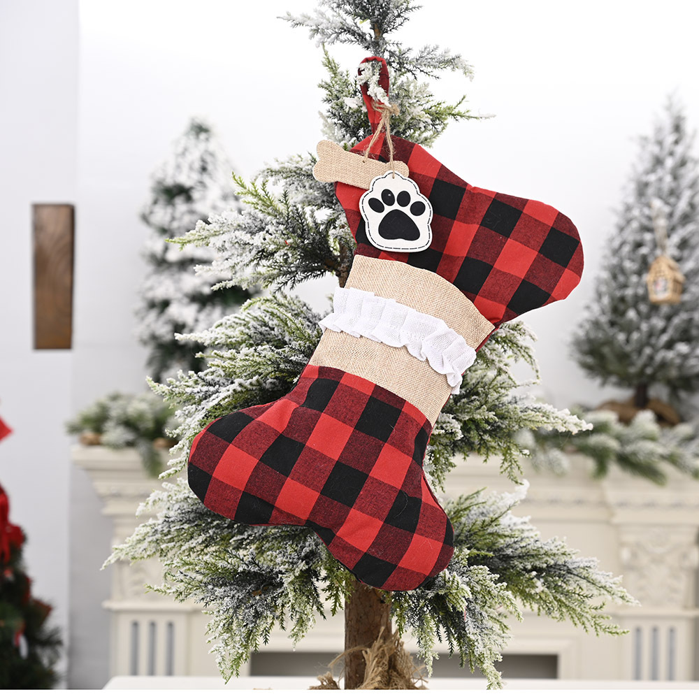 Weihnachtshaube Weihnachtsdekoration Zubehör Leinen Plaid Knochen Socken Weihnachtssocken Kinder Geschenktüte Bonbontüte Baumanhänger_voghion.com