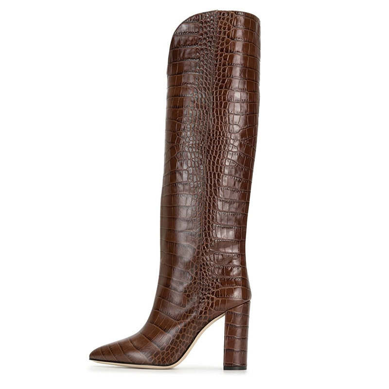 Brown Imitation Crocodile Pattern Pu Slip-On Pointed Toe Thick High Heel Knee-High Boots New Foreign Trade Fashion Large Size