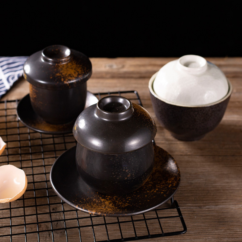 Japanese-Style Tea Bowl Steaming Cup Miso Soup Bowl Steaming Egg Cup Black Cuisine Sushi Soup Bowl Ceramic Hotel Tableware