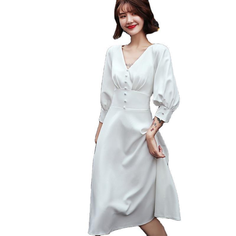 Vestido de noche blanco para mujer, nuevo estilo 2026, aura regale, elegante vestido de satén apto para uso diario y banquetes, estilo francés. image 7