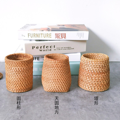 Vietnamese Hand-woven Six Gentlemen Tea Set Storage, Round Tower Shaped Tea Canister Ornament, Three-Piece Set Accessories