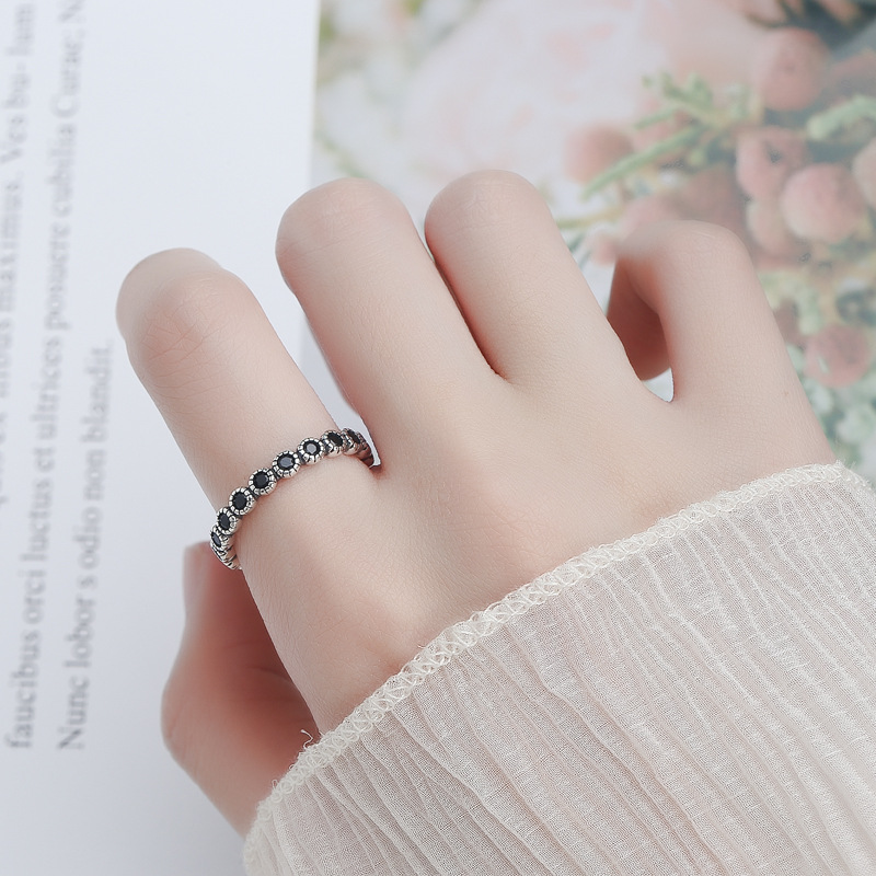 Retro black small design fashionable ring with stone with zircon
