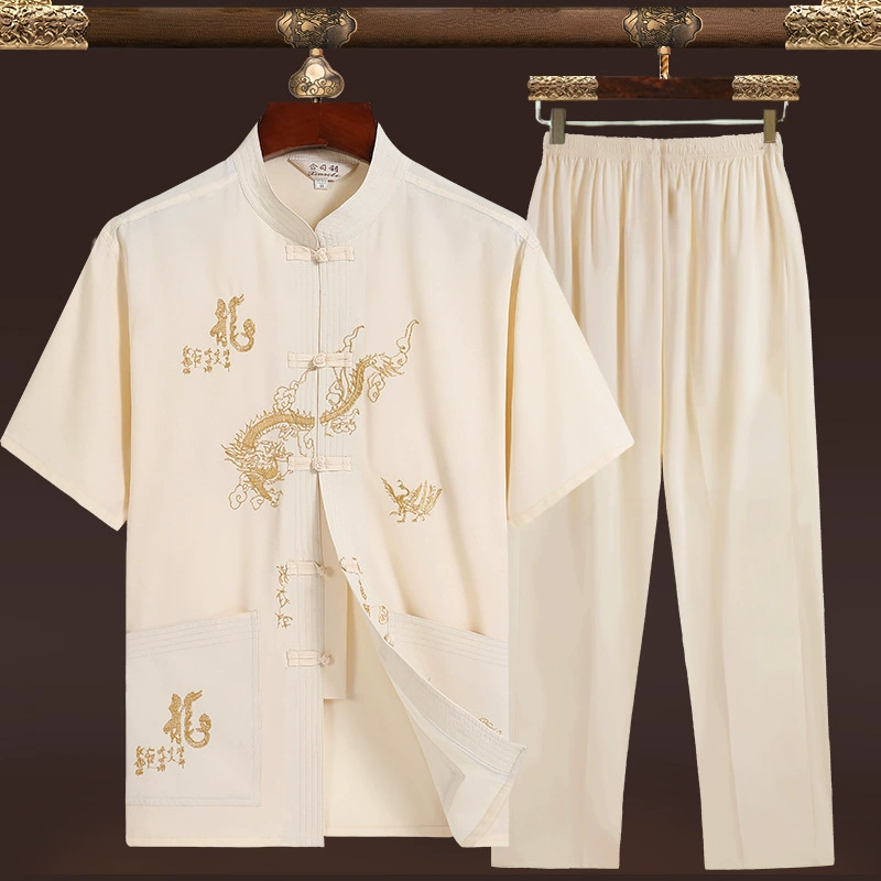 Мужская летняя одежда, рубашка с короткими рукавами в этническом стиле с китайским драконом и среднего возраста, мужской костюм большого размера для папы Тан
