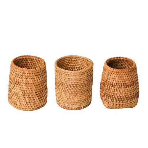 Vietnamese Hand-woven Six Gentlemen Tea Set Storage, Round Tower Shaped Tea Canister Ornament, Three-Piece Set Accessories