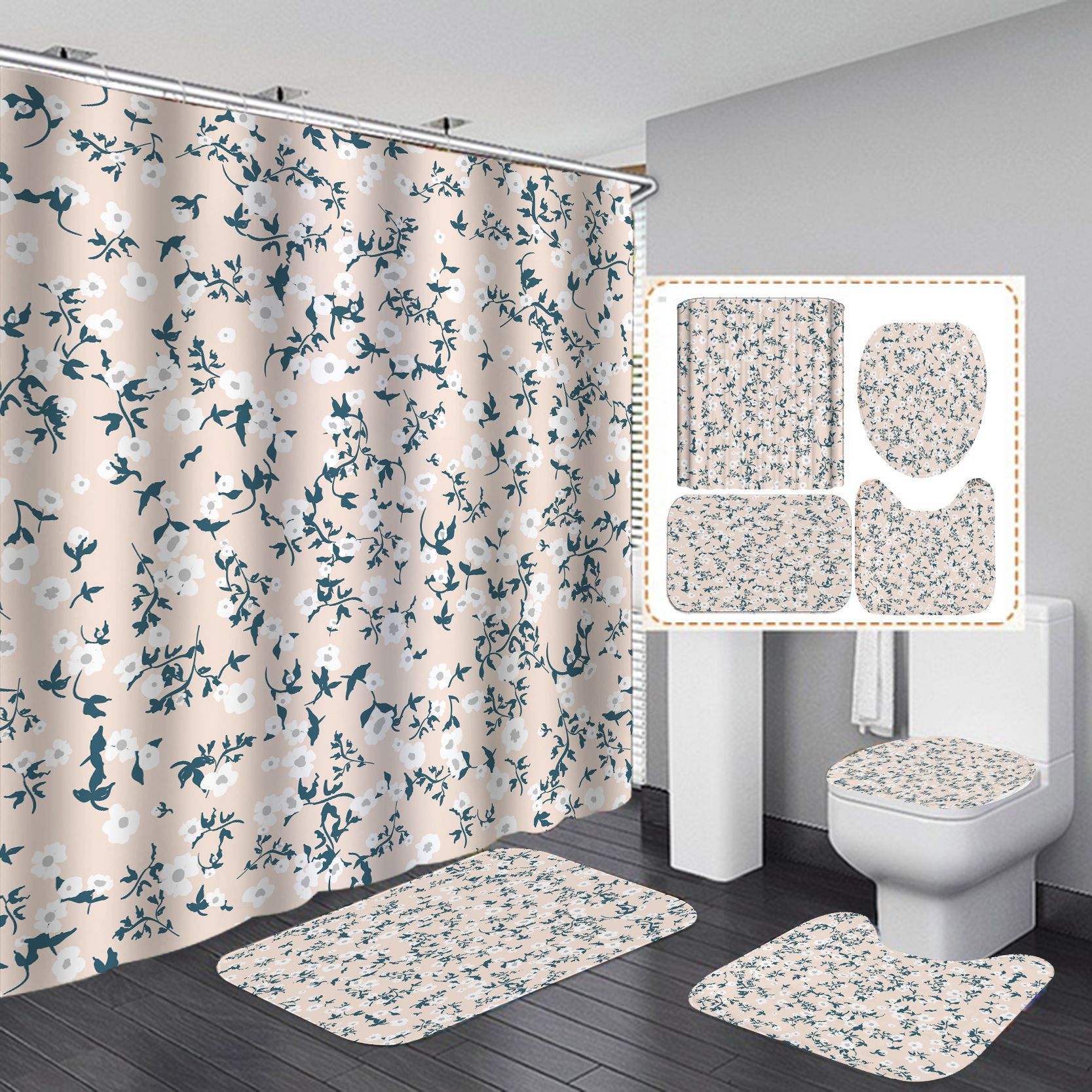 Transfronterizo Comercio electrónico caliente HD Impresión digital poliéster impermeable pequeño floral baño Hotel ducha cortina fábrica suministro directo