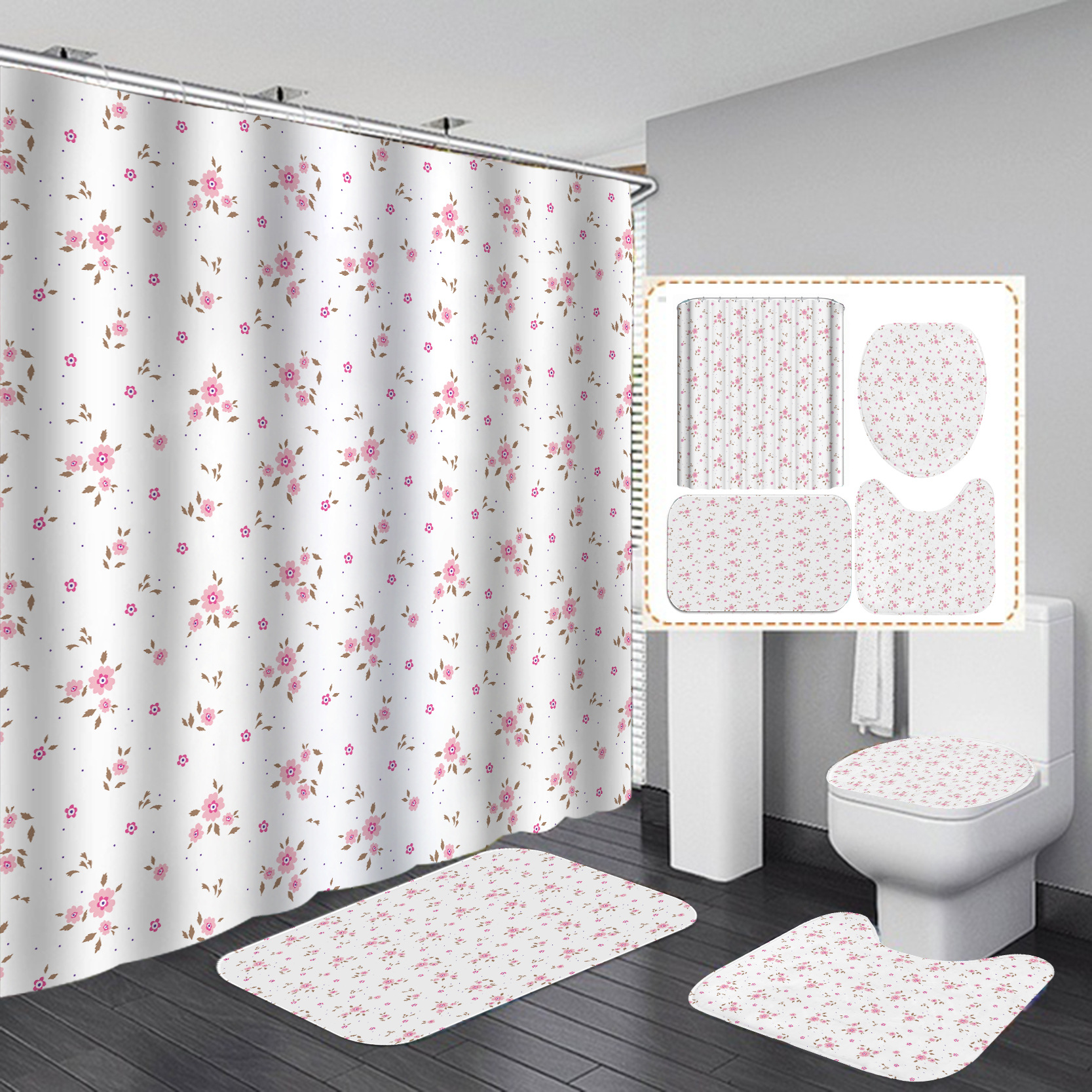 Transfronterizo Comercio electrónico caliente HD Impresión digital poliéster impermeable pequeño floral baño Hotel ducha cortina fábrica suministro directo