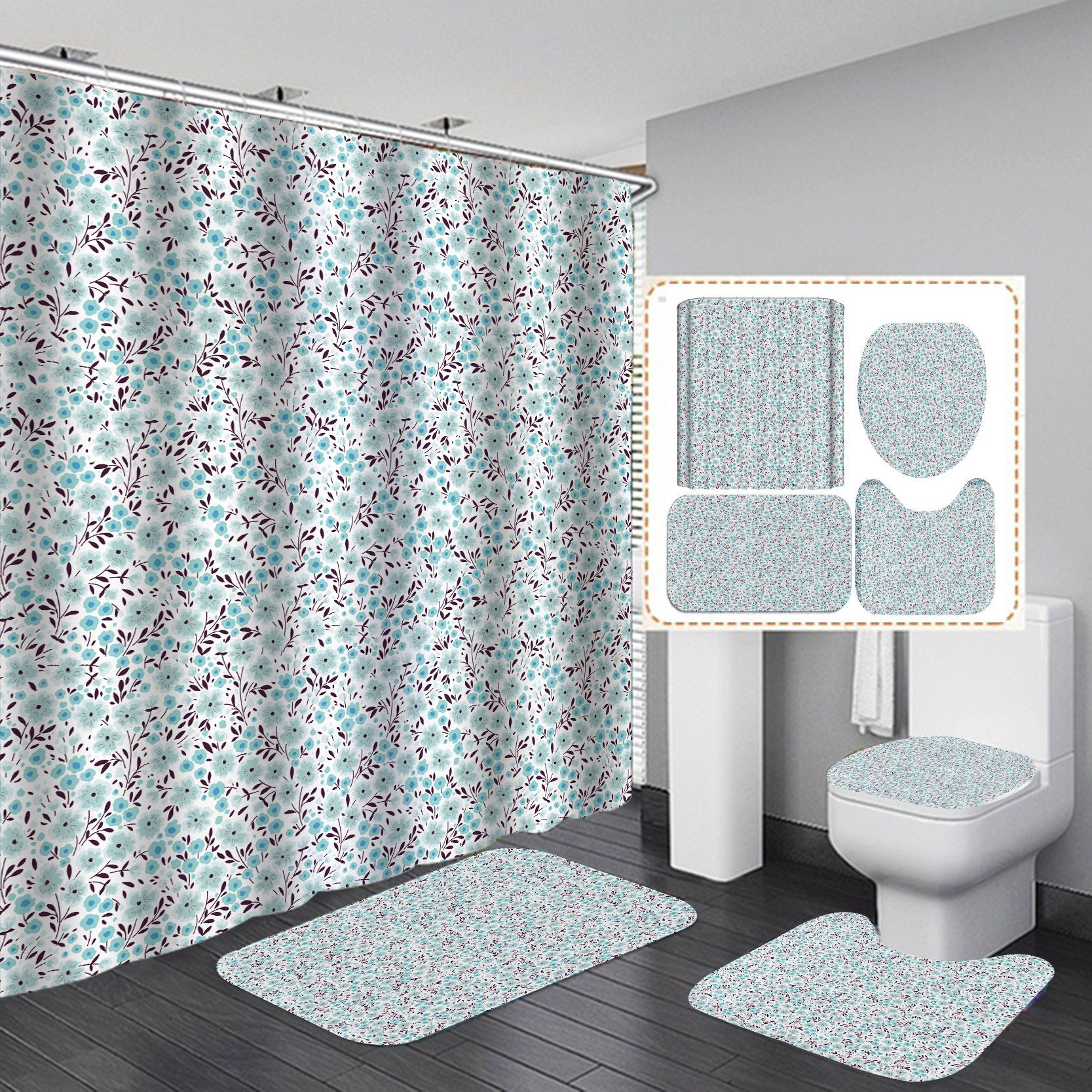 Transfronterizo Comercio electrónico caliente HD Impresión digital poliéster impermeable pequeño floral baño Hotel ducha cortina fábrica suministro directo