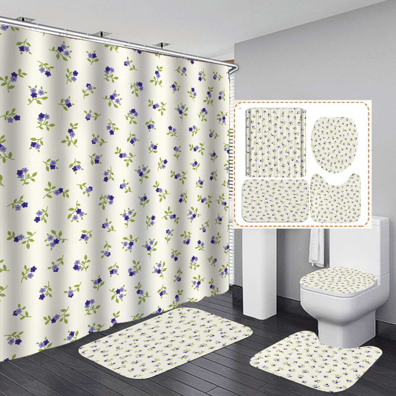 Transfronterizo Comercio electrónico caliente HD Impresión digital poliéster impermeable pequeño floral baño Hotel ducha cortina fábrica suministro directo