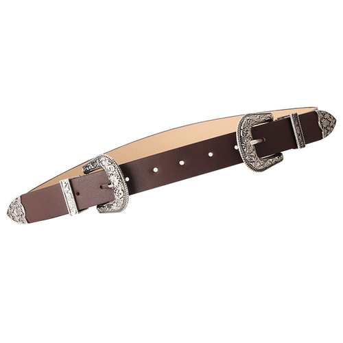 New women's belt European and American retro carved alloy buckle belt versatile jeans clothing double buckle belt factory