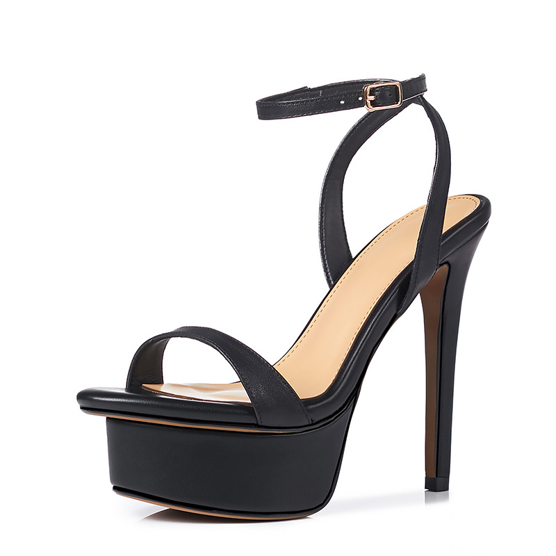 Sandal cao gót nữ hở mũi quai khóa da thật gót 13 cm — Màu đen