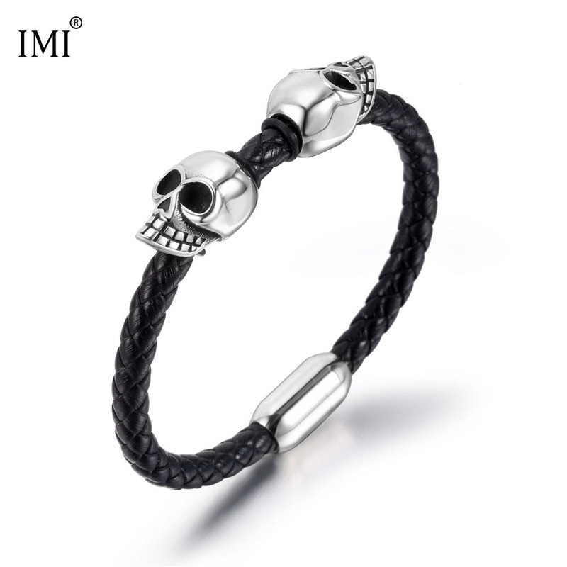 Imi Handsome Titanium Steel Men's Leather Bracelet Ghost Head Woven Bracelet Jade Genuine Leather Skull Yl065 Trendy Handmade Jewelry