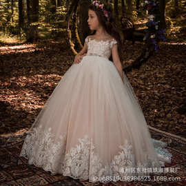 欧美童装儿童礼服公主裙婚纱节日表演主持演出服拖尾走秀蝴蝶结