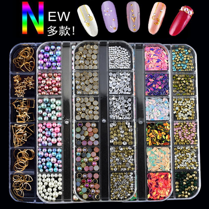Cross-border New Nail Art Jewelry 12 Boxed Hollow Rivet Pearl Rhinestone Jewelry Horse Eye Nail Sequins Complete Set