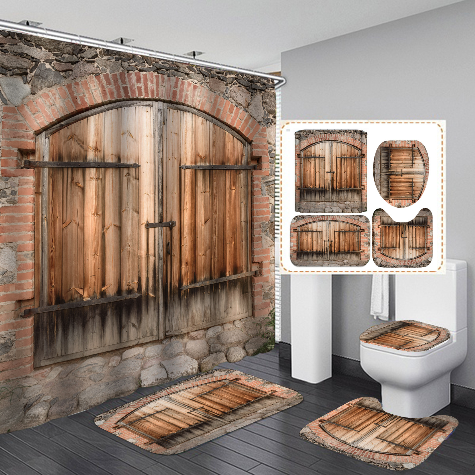 Transfronterizo Amazon e-commerce 3D digital de poliéster impresión puerta Cortina de ducha conjunto de cuatro piezas suministro directo de fábrica