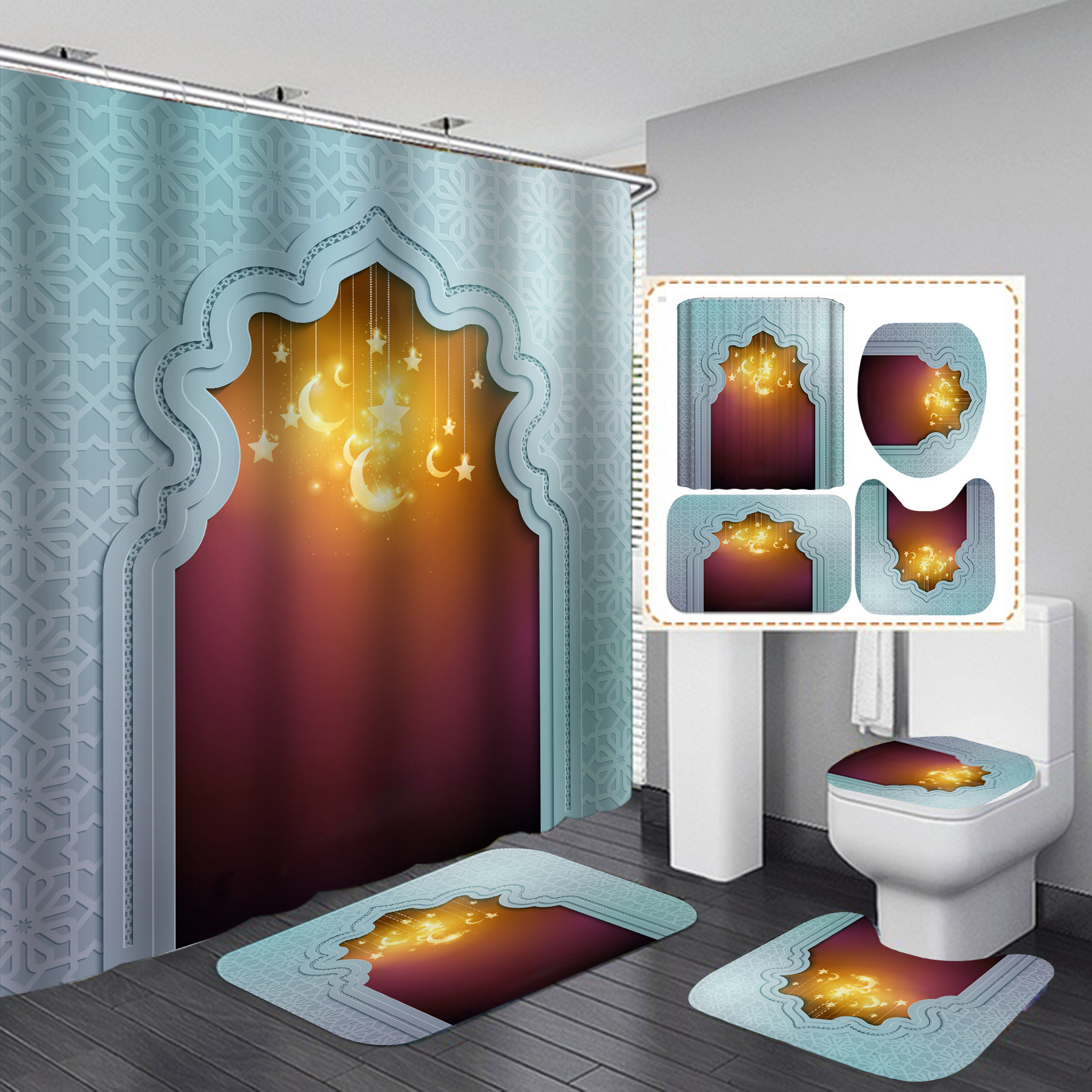 Transfronterizo Amazon e-commerce 3D digital de poliéster impresión puerta Cortina de ducha conjunto de cuatro piezas suministro directo de fábrica