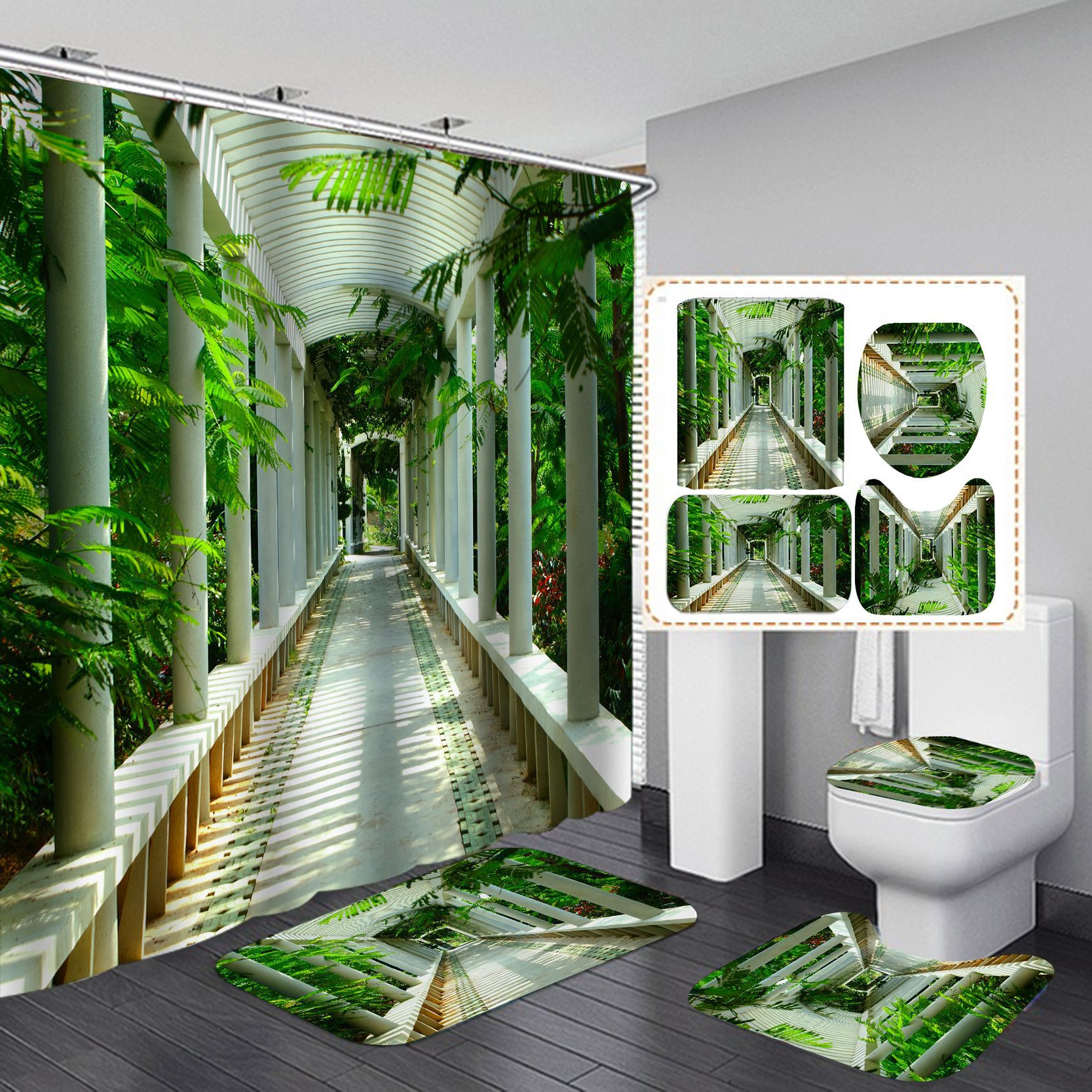 Amazon AliExpress e-commerce Venta caliente 3D Impresión digital paisaje Cortina de ducha cortina de partición de hotel de cuatro piezas conjunto de suministro directo de fábrica