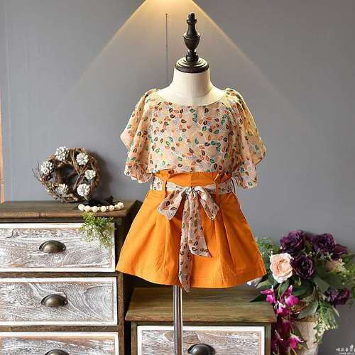 Women's Summer Set New Korean Style Children's Clothing Middle and Small Girls Baby Chiffon Short Sleeve + Short Pants Set Manufacturer Direct