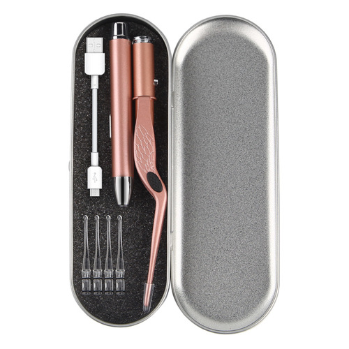 Stainless steel USB charging illuminated ear spoon set, earwax remover tweezers set, visual ear spoon