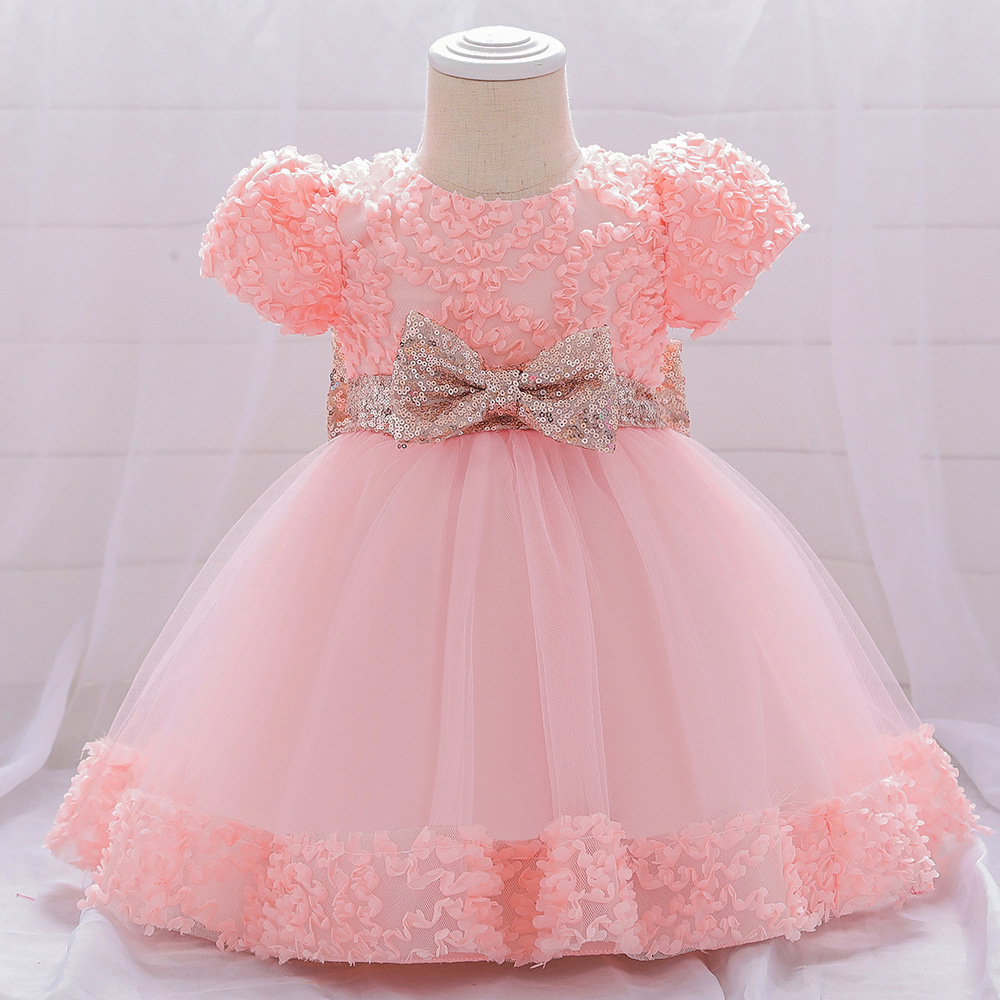 Baby's one-year-old dress sequined belt bow pettiskirt three-dimensional petal short sleeve cotton lining girls' photography clothing