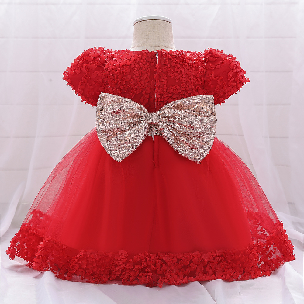 Baby's one-year-old dress sequined belt bow pettiskirt three-dimensional petal short sleeve cotton lining girls' photography clothing