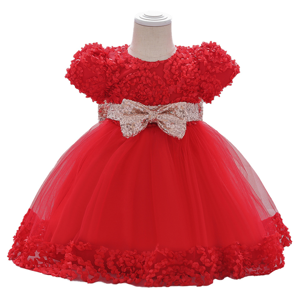 Baby's one-year-old dress sequined belt bow pettiskirt three-dimensional petal short sleeve cotton lining girls' photography clothing