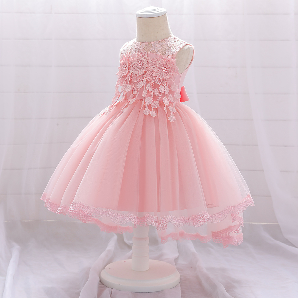 European and American New One-Year-Old Washed Dress Spliced Lace Sleeveless Princess Dress Girls Stereo Applique Beaded Tuxedo