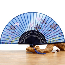 中国风扇子厂家直销30方头青竹质仿真丝折扇古风舞蹈汉服扇子批发