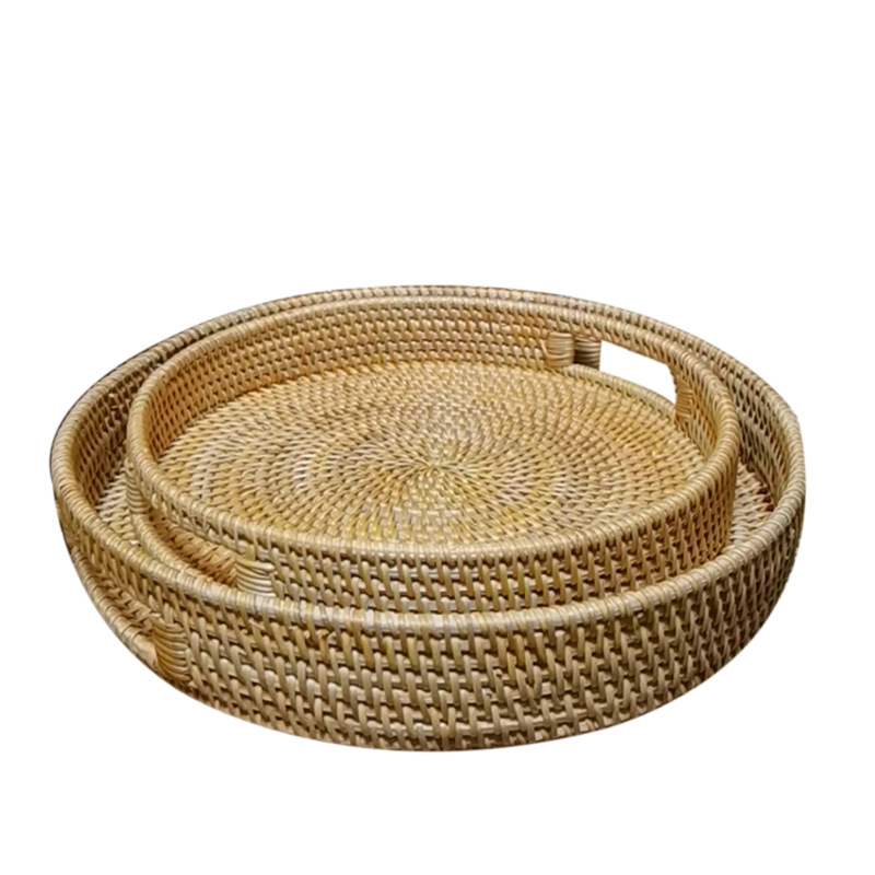 Fábrica al por mayor huafei fruta pan al vapor cesta de té caramelo merienda plato hecho a mano ratán bandeja de almacenamiento