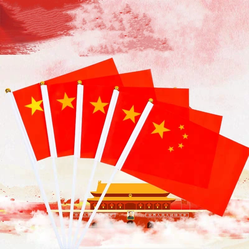 Оптовая Продажа № 7 № 8 Китай небольшой национальный флаг с ручным приводом, держащий небольшой красный флаг, украшение для деятельности в Национальный день с шестом, маленький Национальный флаг
