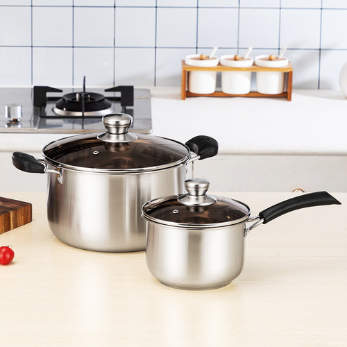 Directly supplied from the manufacturer, stainless steel auxiliary Internet celebrity food pot, thickened double bottom household double-ear soup pot, single-handled milk pot gift