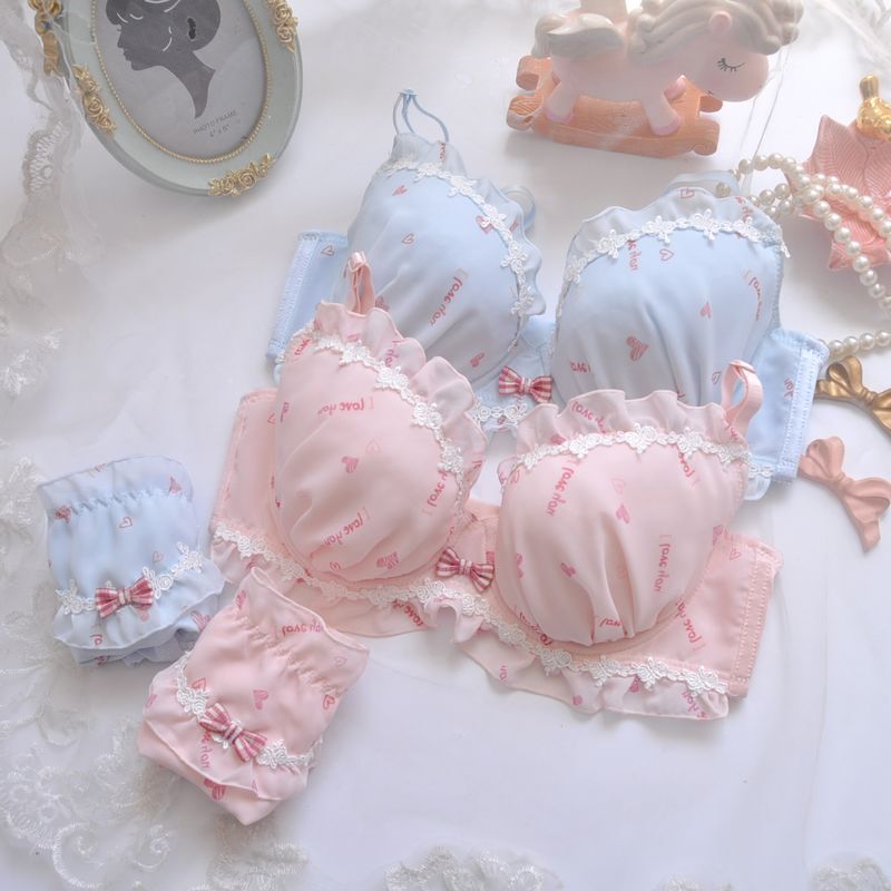 Long-term Japanese Style Fresh Two-color Chiffon Printed Thin Cup Girls' Cute Gathered Sexy Underwear Bra Set