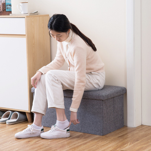 Cotton and linen storage stool rectangular household items multifunctional sofa shoe changing stool can sit on folding fabric storage stool