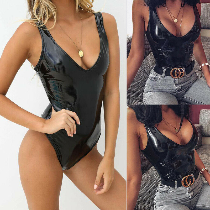 Sentiment Underwear Low-cut Temptation Mirror PU Lacquer Leather Unisex Car Suit Party Suit Dead Water Open-end jumpsuit