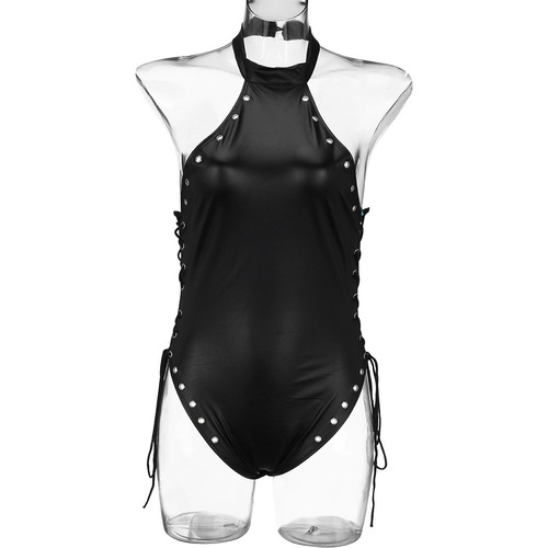 Underwear European and American popular sexy side-lace-up halter backless one-piece leather bodysuit latex tight swimsuit