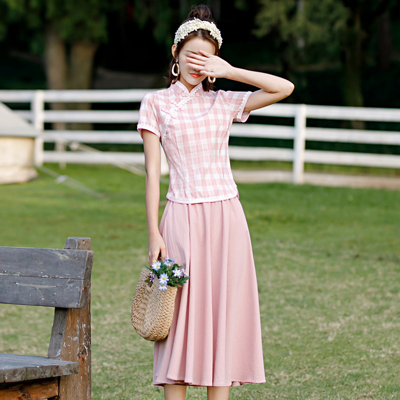 2025 New Summer Cotton Cheongsam Suit Fashionable Retro Girl Improved Version Han Dynasty Dress Two-Piece Set