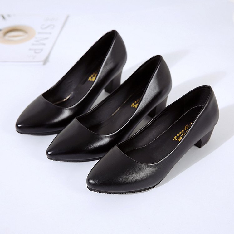 Black formal dress etiquette stewardess round toe non-slip single-layer shoes Four Seasons shoes new work shoes women's professional high heel leather shoes