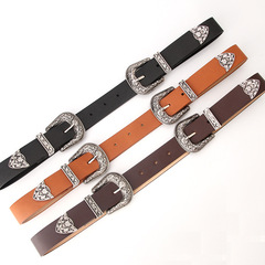 New women's belt European and American retro carved alloy buckle belt versatile jeans clothing double buckle belt factory