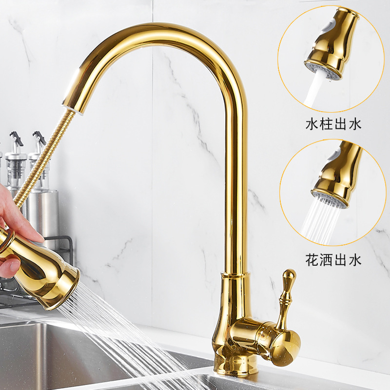All Copper Golden Kitchen Faucet Pull-out Vegetable Basin Sink Hot and Cold Household Telescopic Rotary Sink Faucet