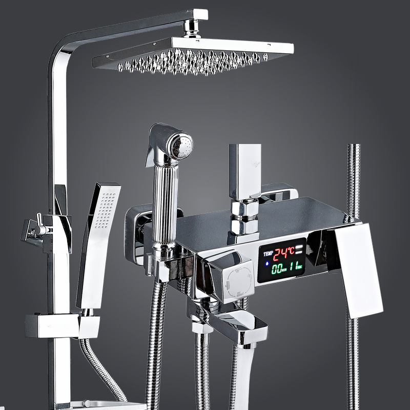 Shower Set with Temperature Display, Bathroom Rain Shower Head, Square Spray, Multifunctional Rain Shower