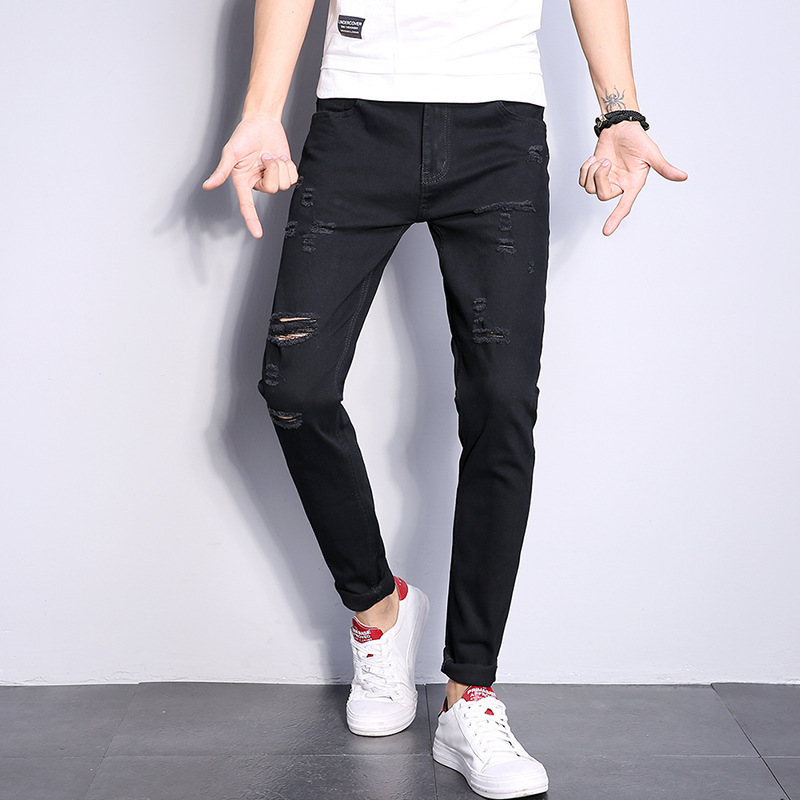 Cross-border Men's Casual Pants Four-season Black and White Cotton Korean-style Trendy Ripped Slim-fit Jeans for Men Cross-border Men's Casual Pants Four-season Black and White Cotton Korean-style Trendy Ripped Slim-fit Jeans for Men