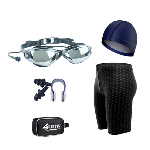Men's 5-Pocket Swim Trunks, Large Size Shark Skin Style Swim Suit Set with Goggles and Cap - One Piece Shipping