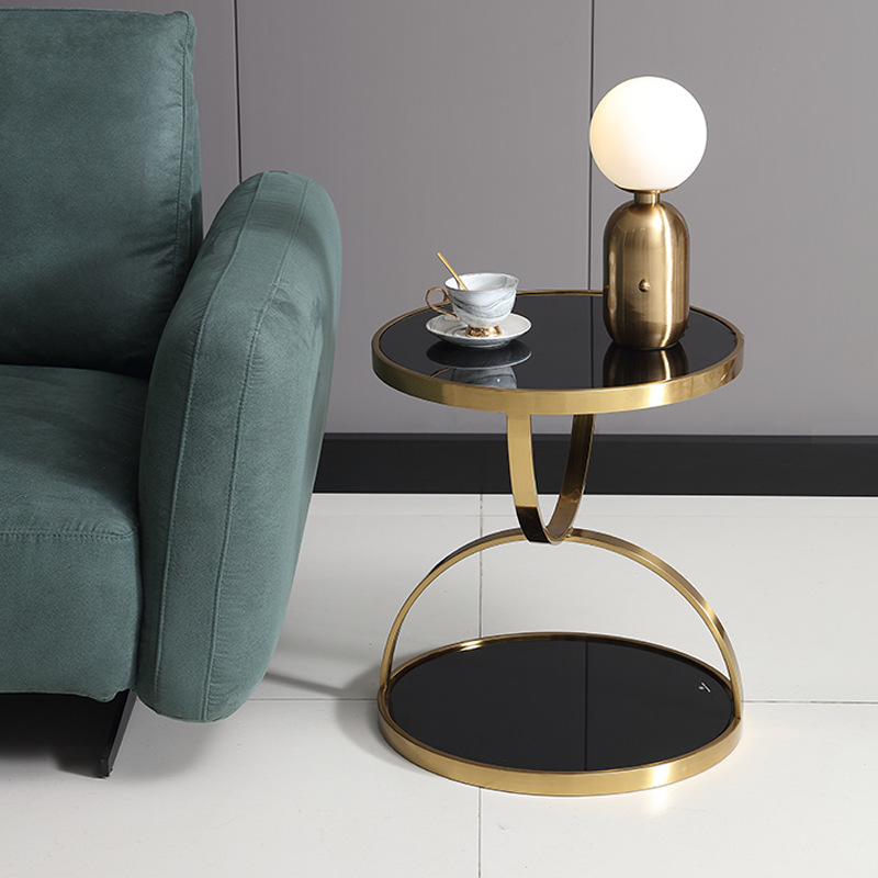 Modern Simple Stainless Steel Gold Rounded Corner Table Gold-Plated Tempered Glass Sofa Side Table Light Luxury Leisure Coffee Table