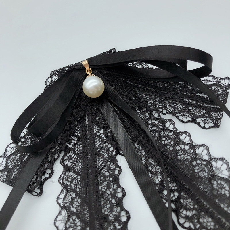 Camisa con lazo de perlas para mujer con cinta, pequeños accesorios de encaje negro estilo Chanel, broche de lazo, decoración de ropa.