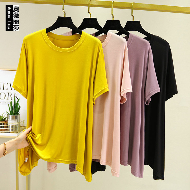 2022 Summer New Round Neck Modal Loose Base Shirt Outer Wear Large Size Plus Fat Home Sleep Top for Women 2022 Summer New Round Neck Modal Loose Base Shirt Outer Wear Large Size Plus Fat Home Sleep Top for Women
