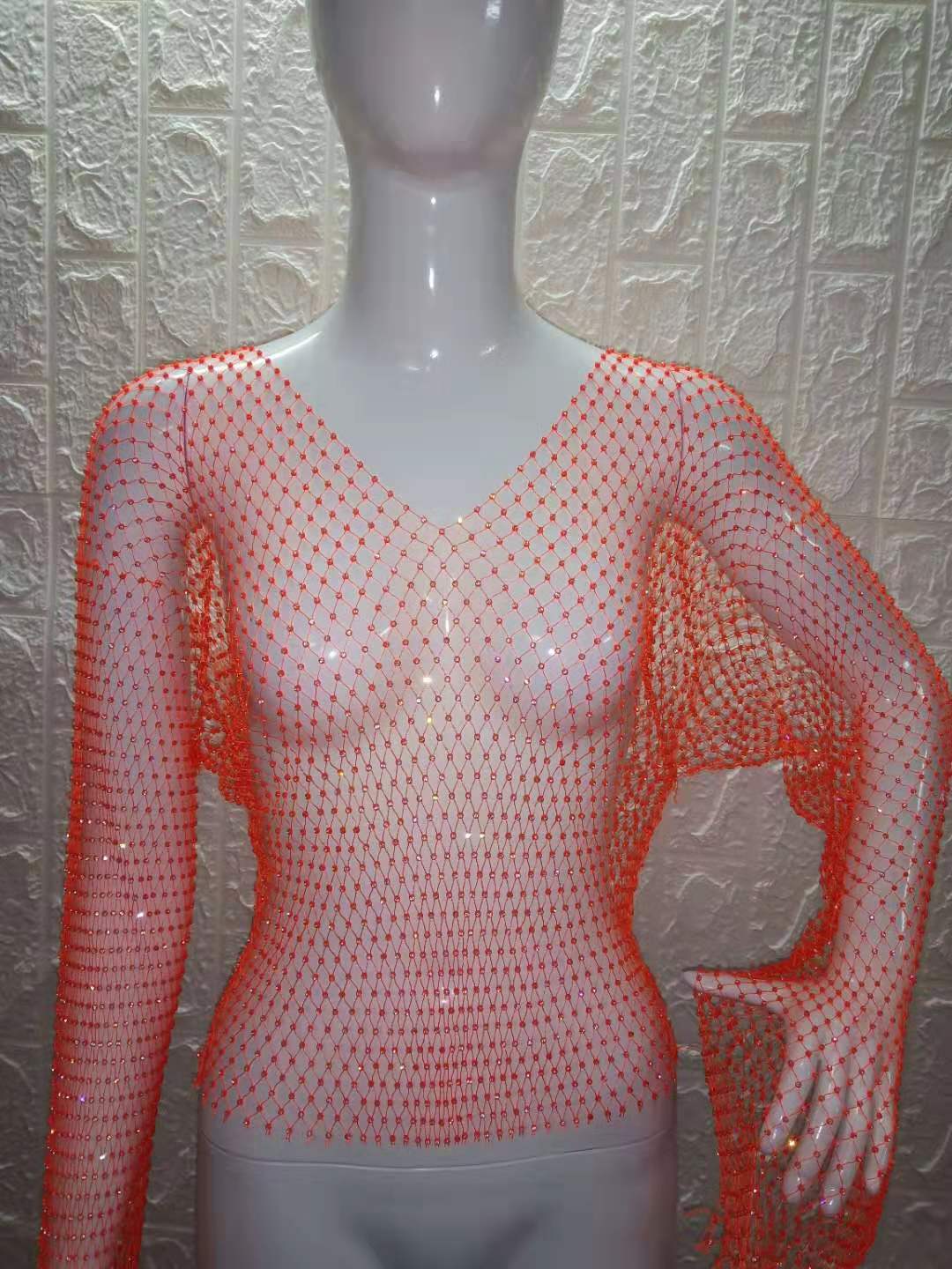 Ropa de Mujer para Comercio Exterior Europeo y Americano 2026, Ropa Transparente y Sexy para Club Nocturno, Top de Manga Larga con Cuello Redondo y Pedrería, Modelo 1122