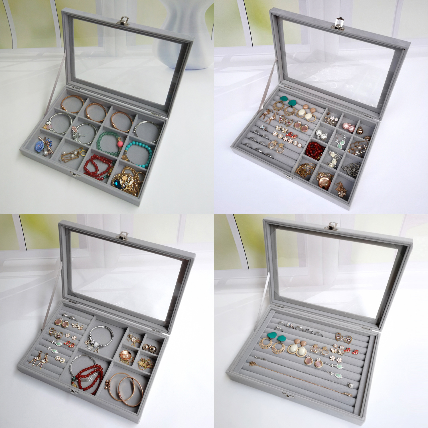 Gran Flip transparente franela visual caja de joyería a prueba de polvo anillo pendientes pulsera broche caja de joyería de almacenamiento