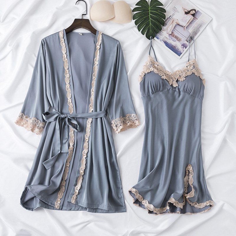 Pajamas High-end Women's Spring and Autumn Sling Nightgown Nightgown Two-piece Set with Chest Pad Lace Lace Home Clothes for Hair