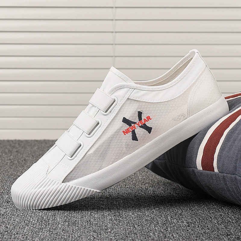 Мужские летние кроссовки 2025: новая модель, белые, модные, универсальные, повседневные, дышащие, из сетки и канваса, без шнурков