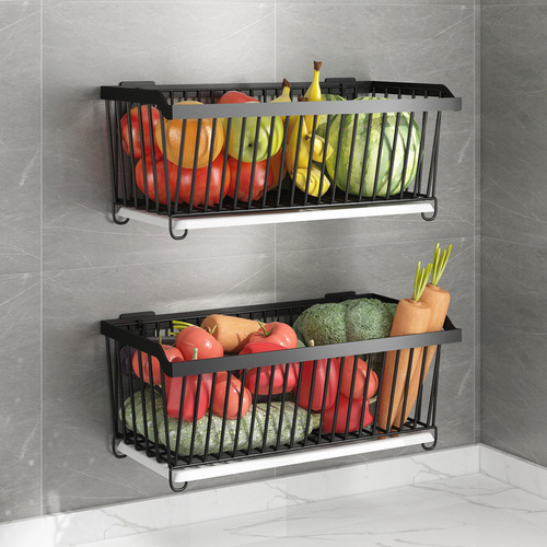 304 stainless steel kitchen and bathroom storage rack without punching wall-mounted fruit and vegetable blue storage basket basket