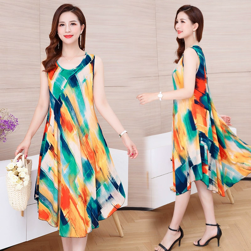 Женское хлопковое шелковое Цветочное платье летняя новая пухлая девушка больших размеров, стройнящая пляжная юбка средней длины, большая юбка-качели из искусственного хлопка